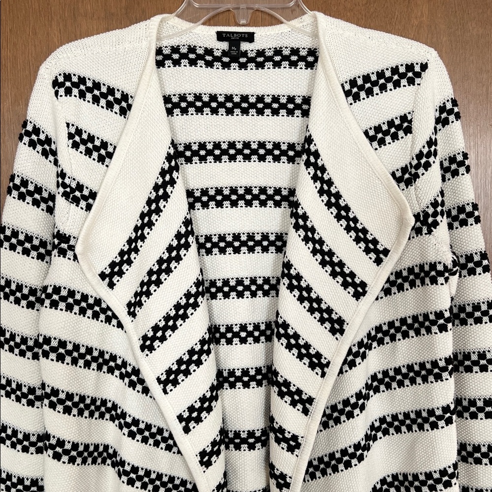 Talbots Black and White Cotton Knit Open Front Cardigan Sweater Size MP